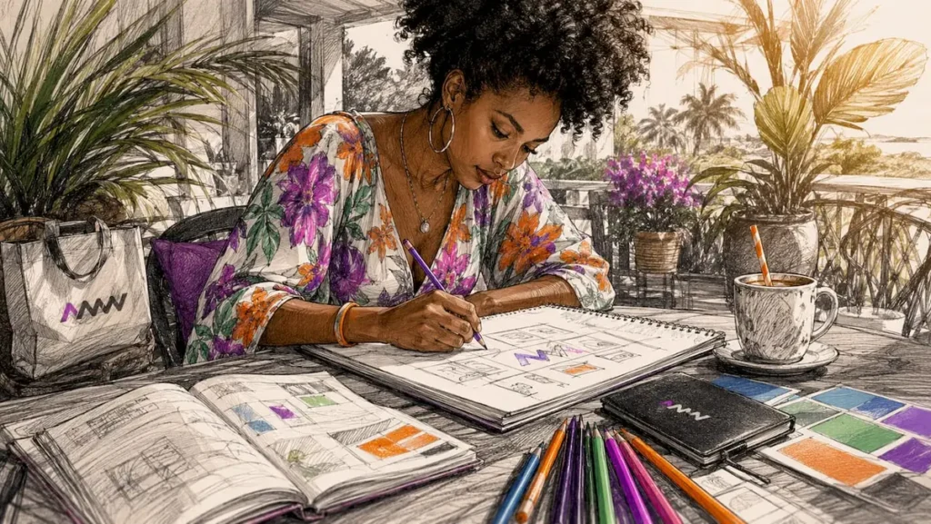 Designer sketching marketing graphics at desk