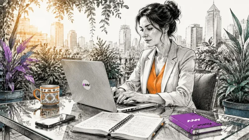 Woman working on business blog in home office