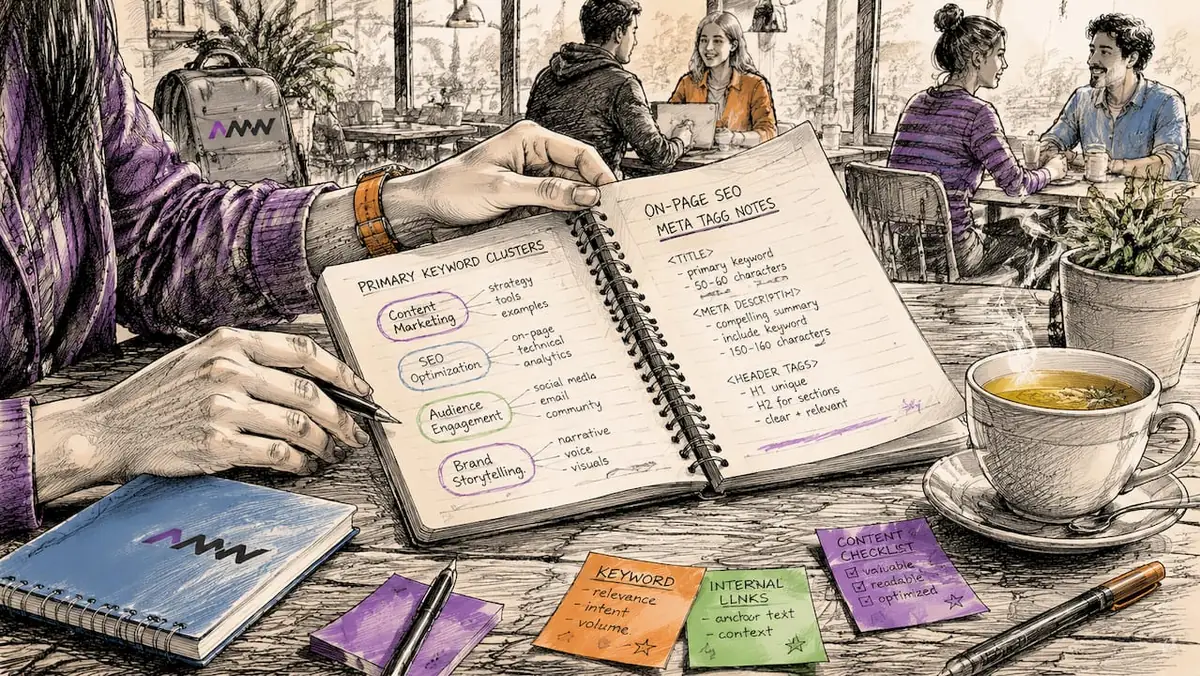 Hands arranging SEO keyword notes on desk