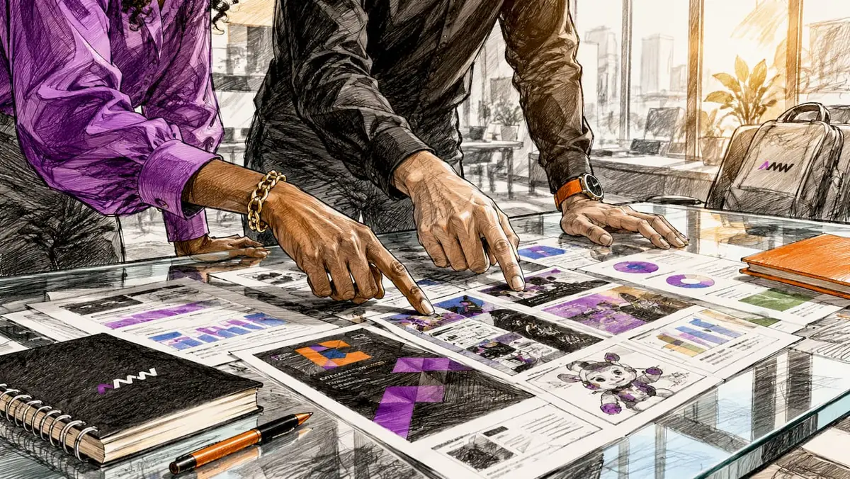 Hands pointing at marketing innovation charts and mockups