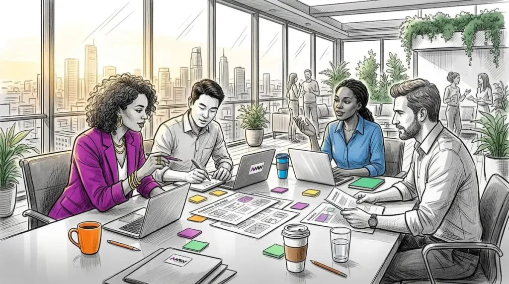 Diverse team planning marketing innovation strategies