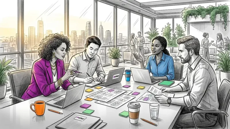 Diverse team planning marketing innovation strategies