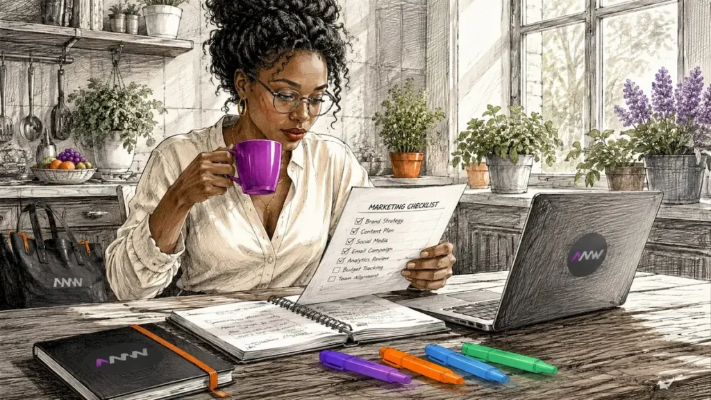 Woman reviewing marketing checklist at home office