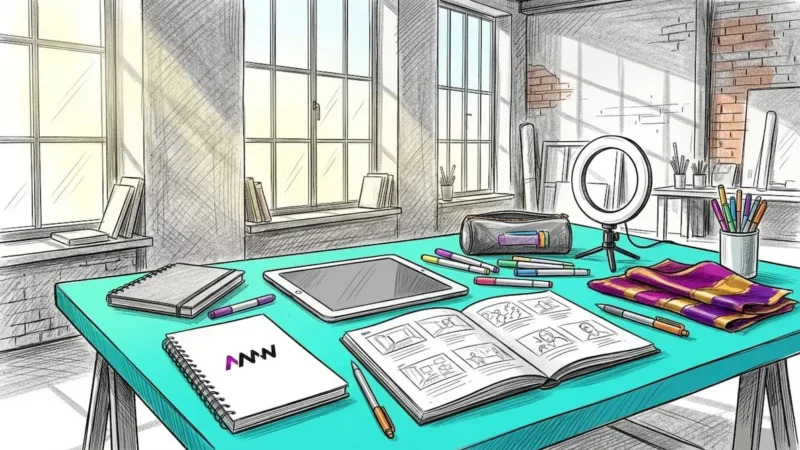 Video production planning workspace with storyboard and tablet