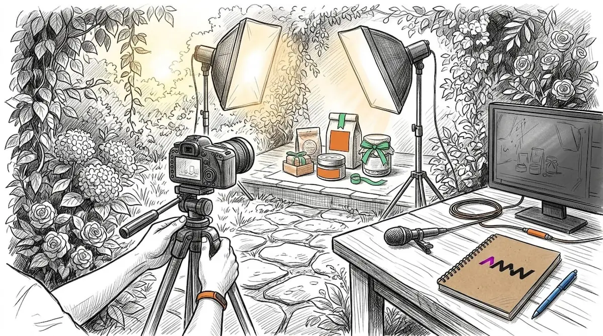 Small business video filming setup with camera and lighting