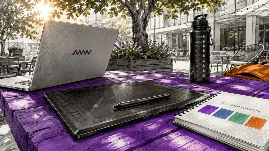 Organized business graphic design workspace with tablet and laptop