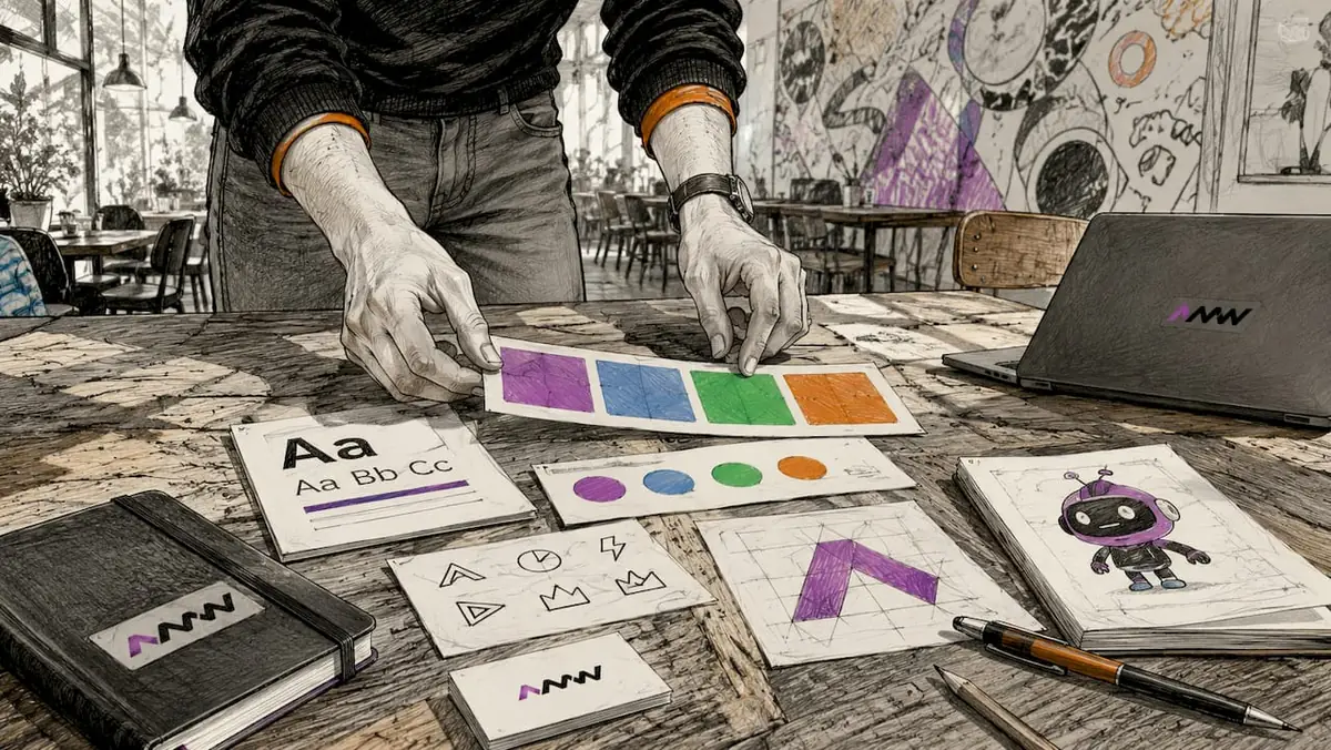 Hands arranging brand identity design materials