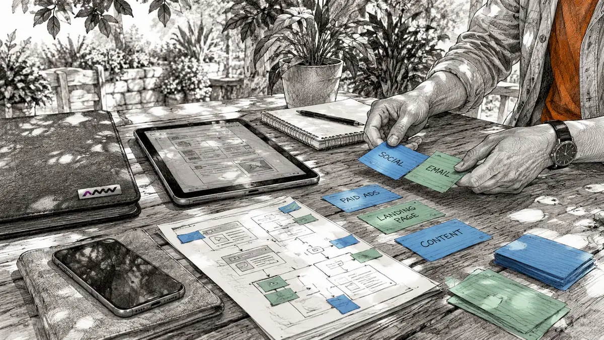 Close-up workspace with marketing touchpoints