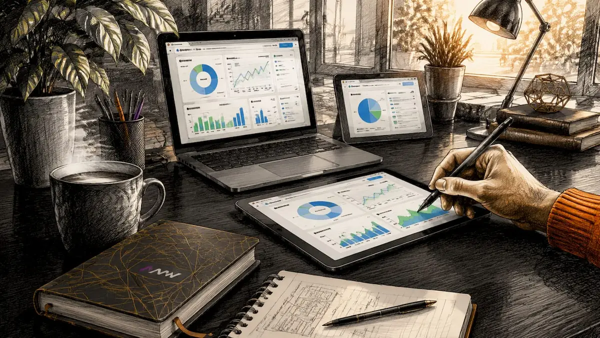 Overhead view of UX marketing data dashboard tools