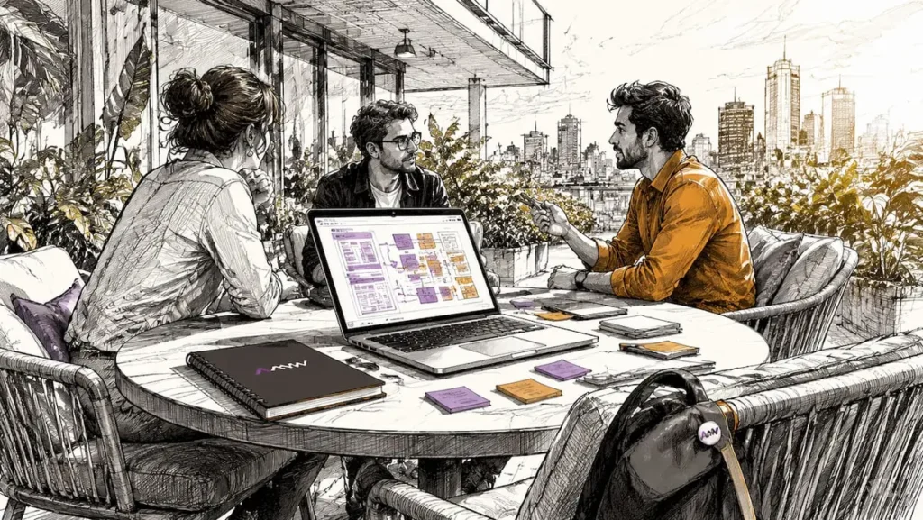 UX marketing collaboration workspace with devices