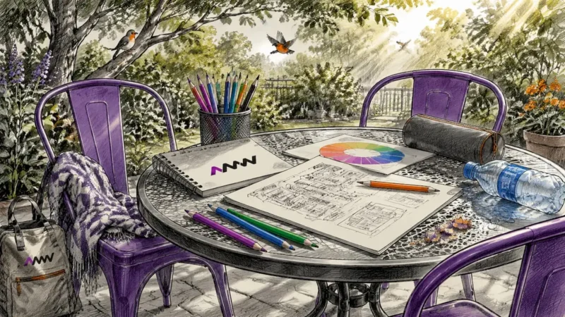 Graphic design studio tabletop with tools and sketches