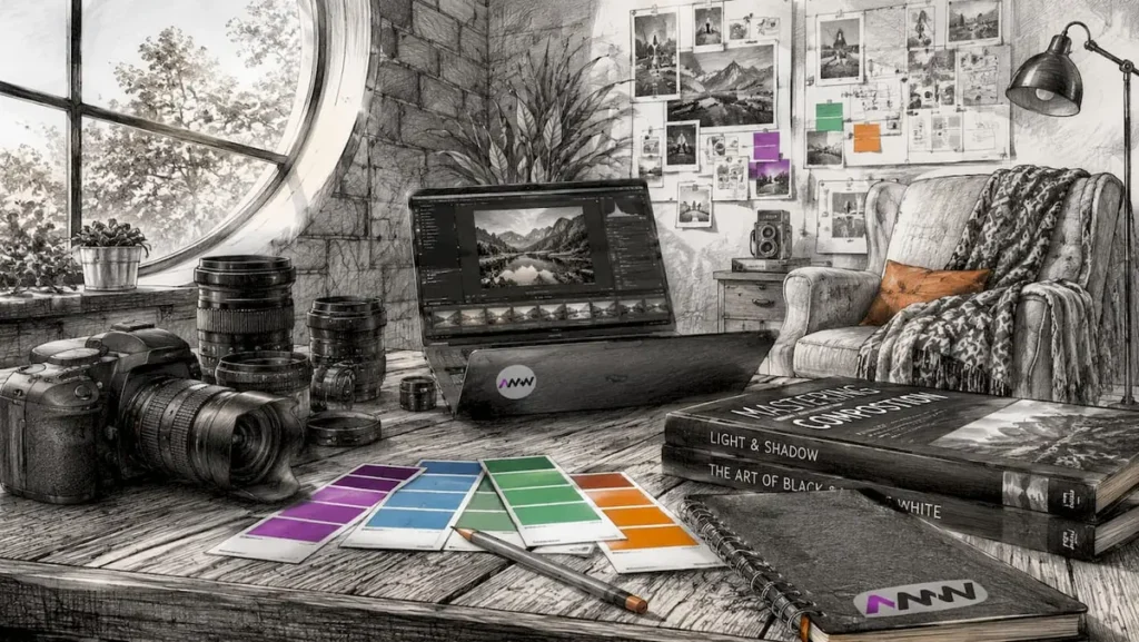 Photography studio workspace with cameras and color swatches