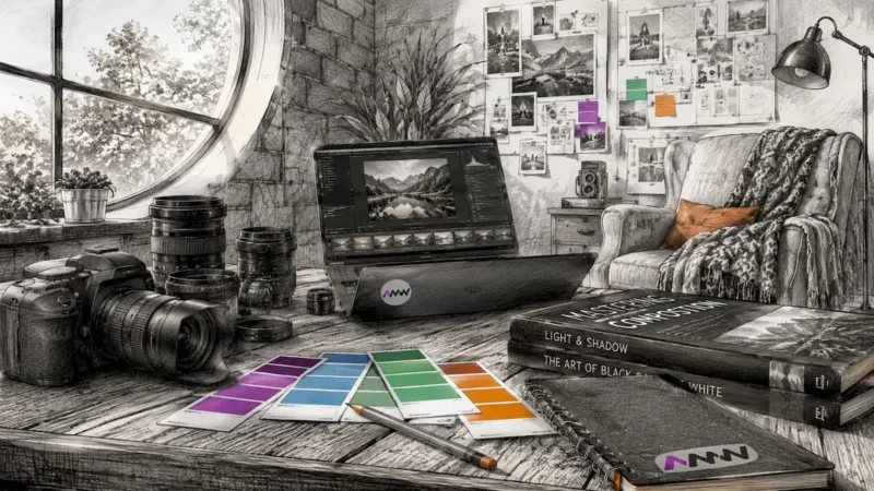 Photography studio workspace with cameras and color swatches