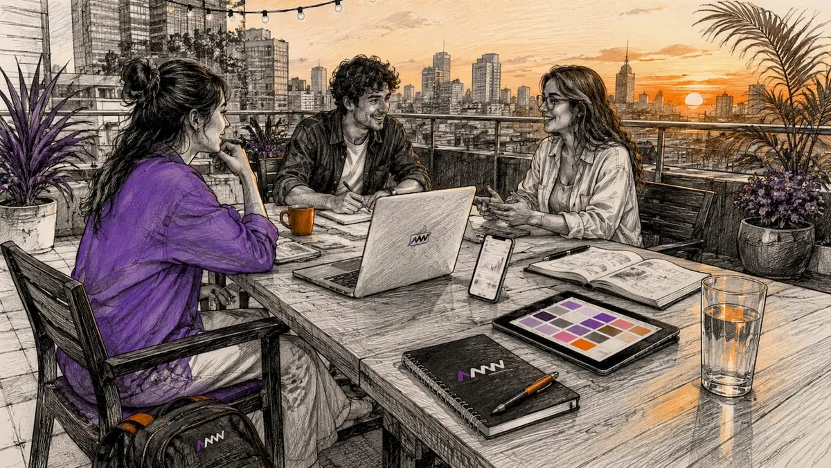 Multiple devices on co-working table under sunlight