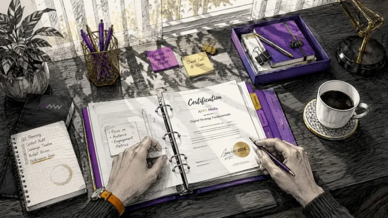 Workspace with certification documents and digital tablet