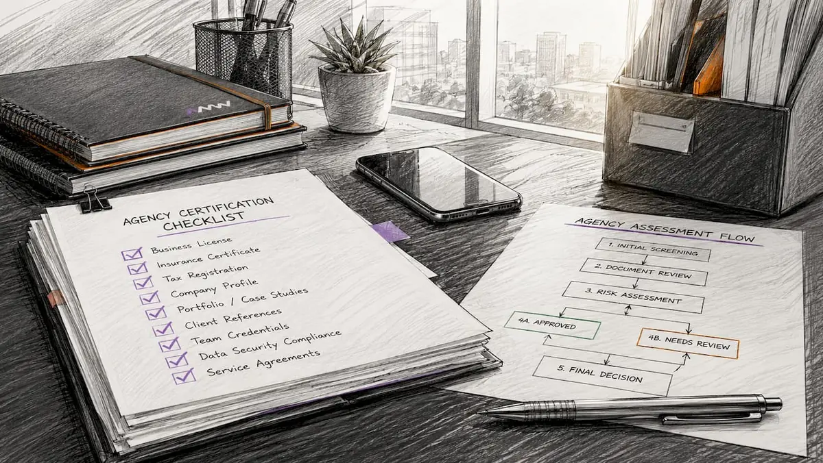 Overhead view of certification assessment documents and devices