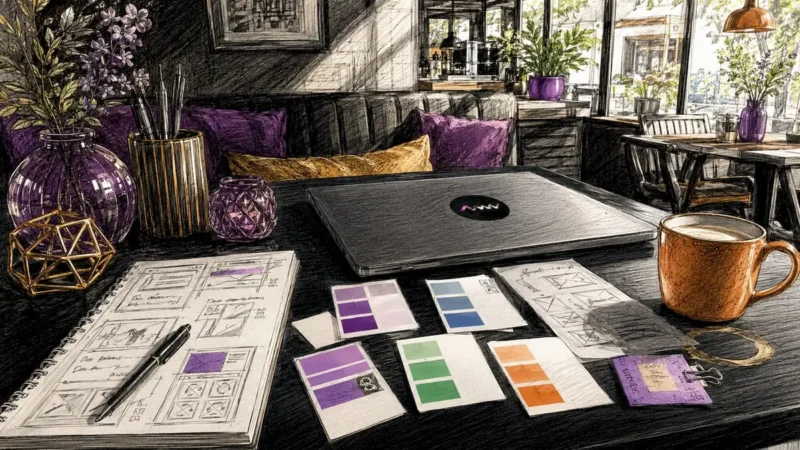 Workspace with website redesign planning materials