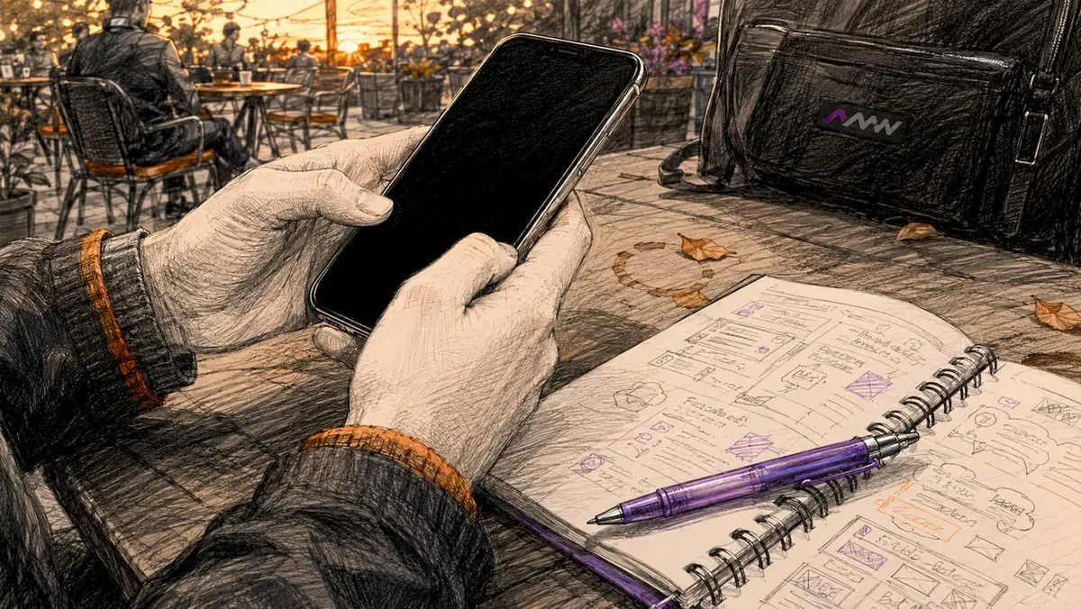 Hands holding smartphone in home office