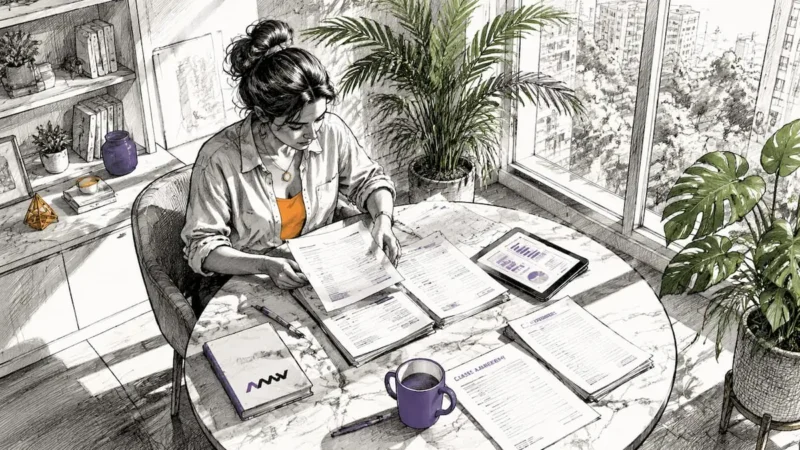 Person reviewing SaaS startup paperwork at home office