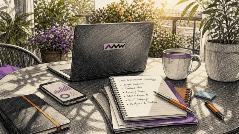 Desk setup for lead generation planning with laptop and notes