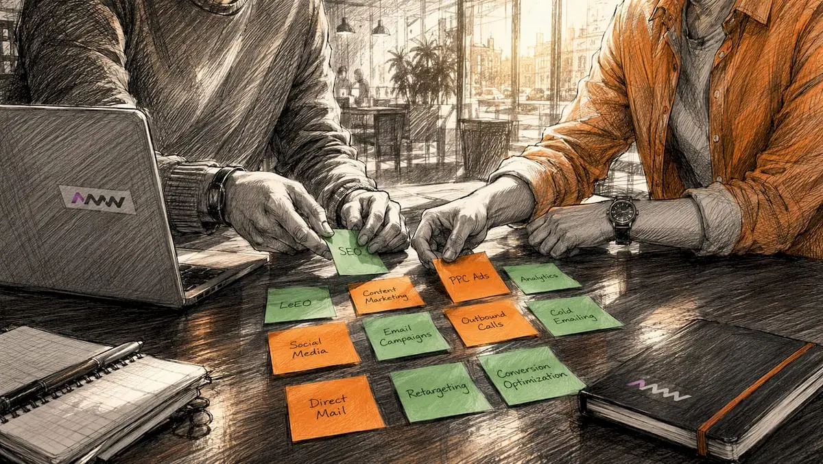 Hands organizing color-coded marketing strategy notes overhead