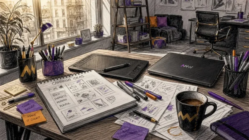 Creative branded content campaign workspace overhead view
