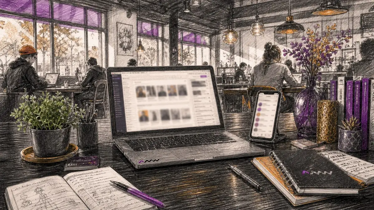 Branded content dashboard and tech workspace side view
