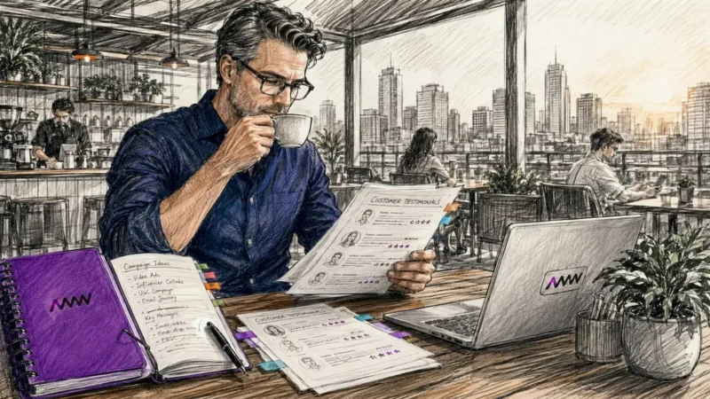 Marketing professional reviewing printed testimonials
