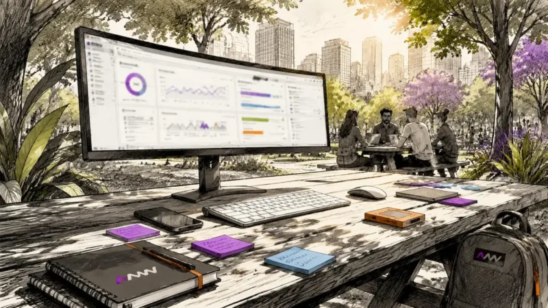 SEO analytics workspace with devices and dashboards