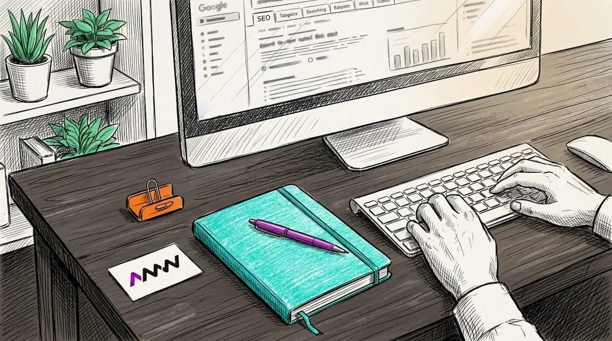 Close-up hands typing SEO content with colourful desk items