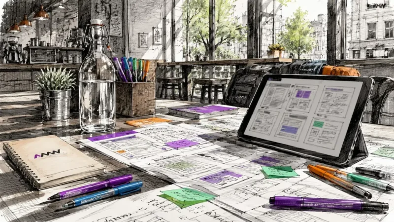 Workspace with website redesign planning materials