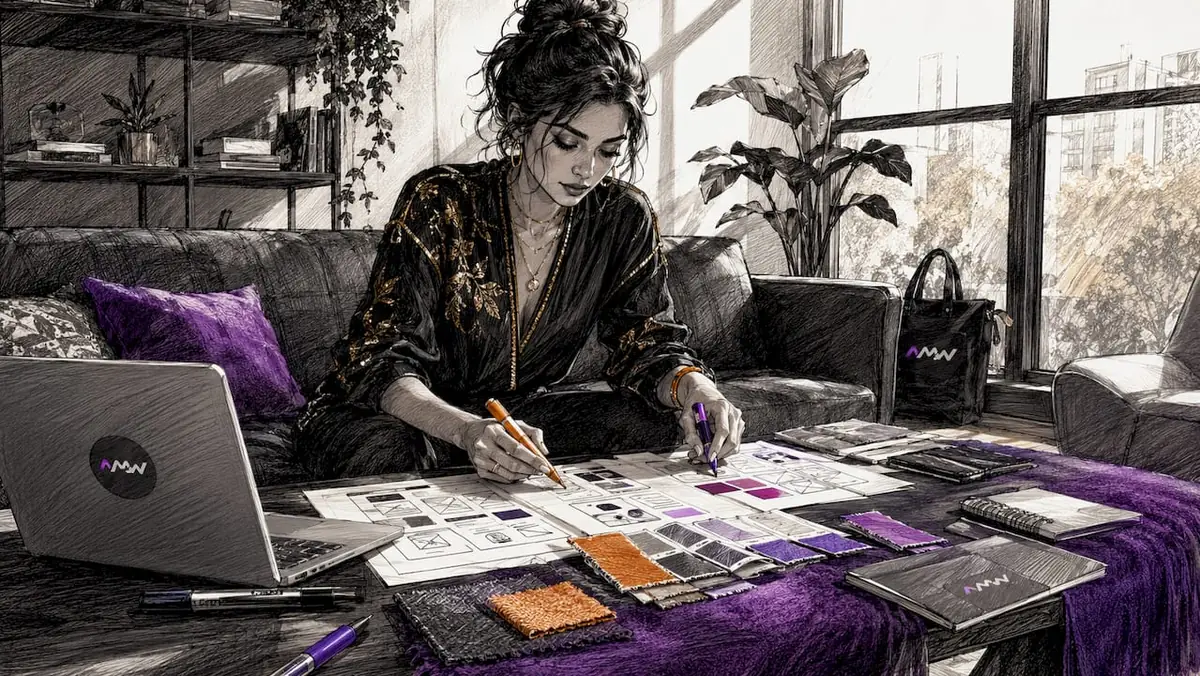 Hands arranging mobile-first design materials on table