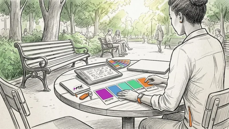 Hands arranging color swatches at custom web design desk
