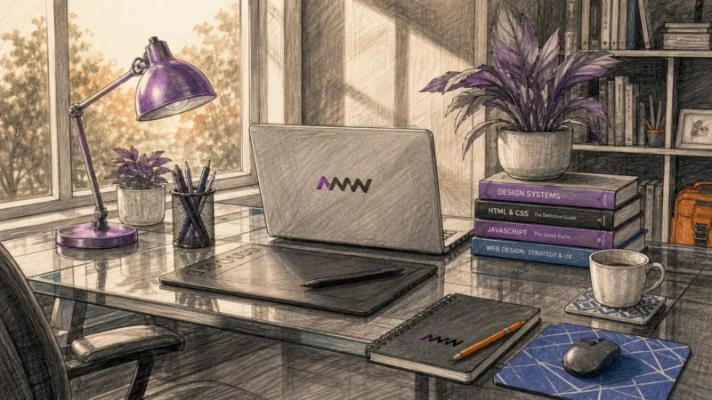 Modern web development workspace with devices and decor