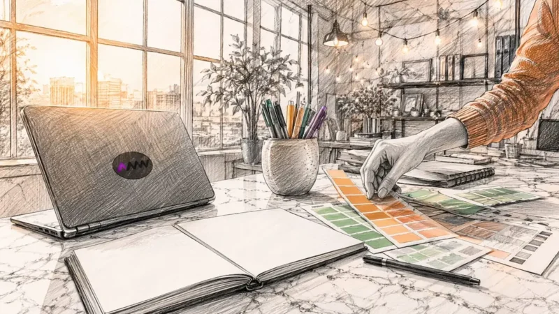 Designer workspace with brand assets and sketchbook