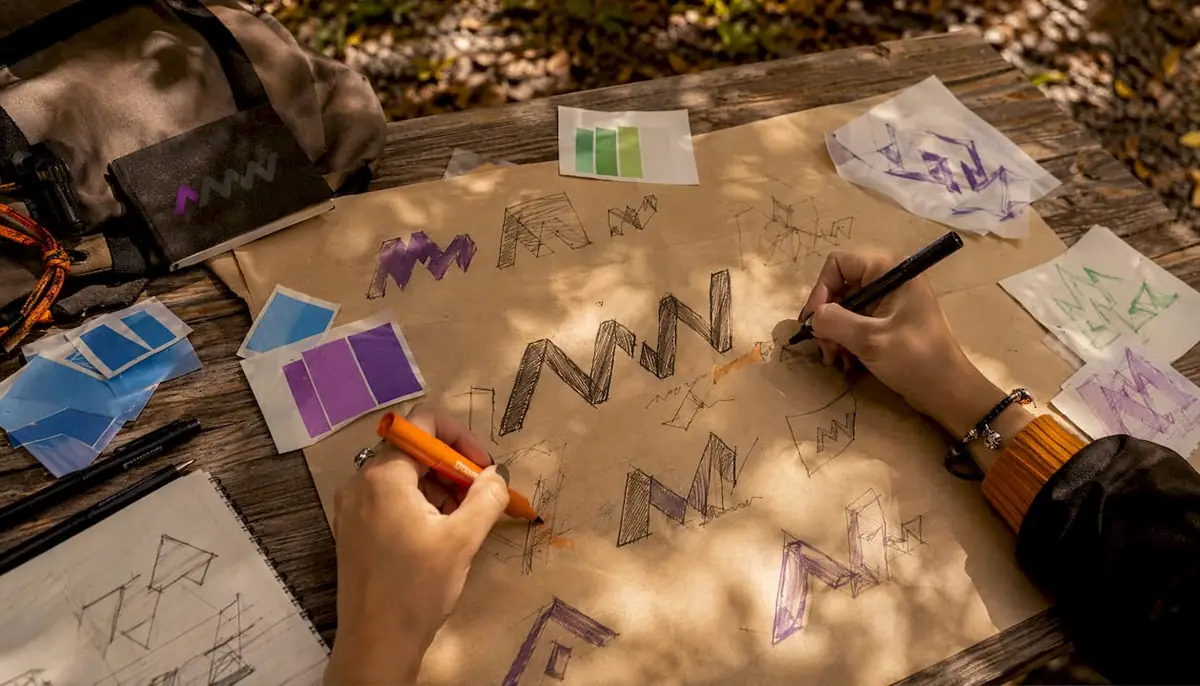 Hands sketching graphic design concepts on paper