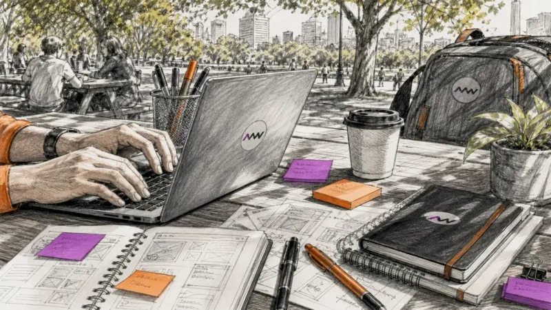 Hands typing social media responses at desk