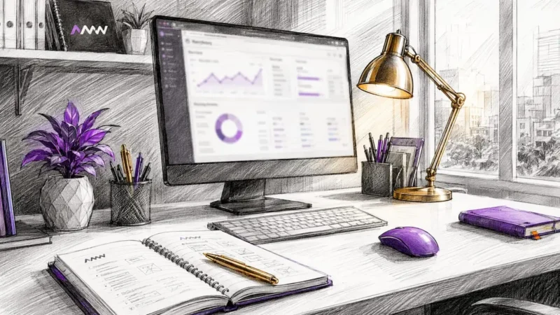Website analytics dashboard on desktop in minimalist office