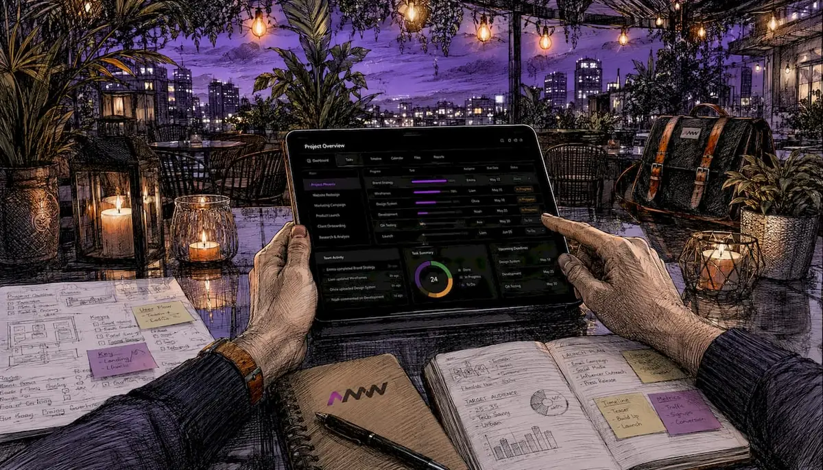 Hands using tablet for project management