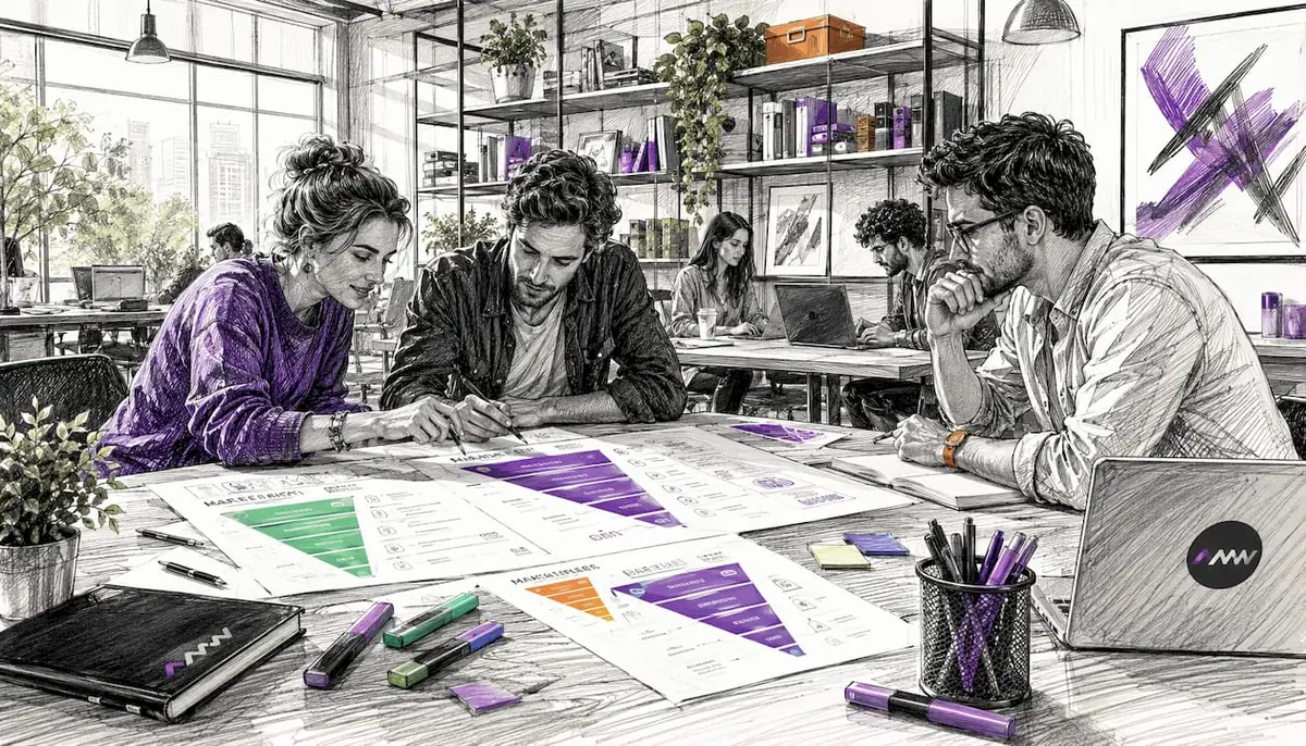 Overhead view of marketing funnel printouts