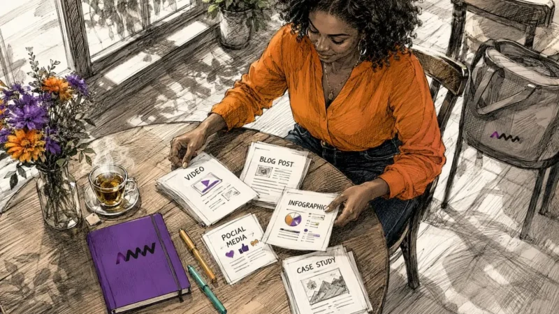 Woman sorting printed content format sheets