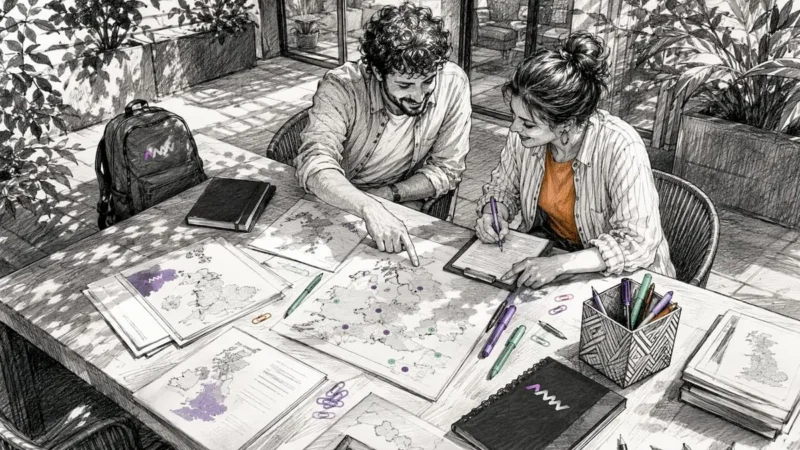 Collaborative desk meeting reviewing UK design alternatives