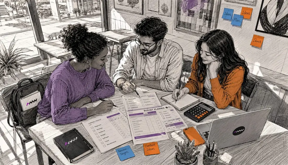 Hands marking checklist and budget for agency selection