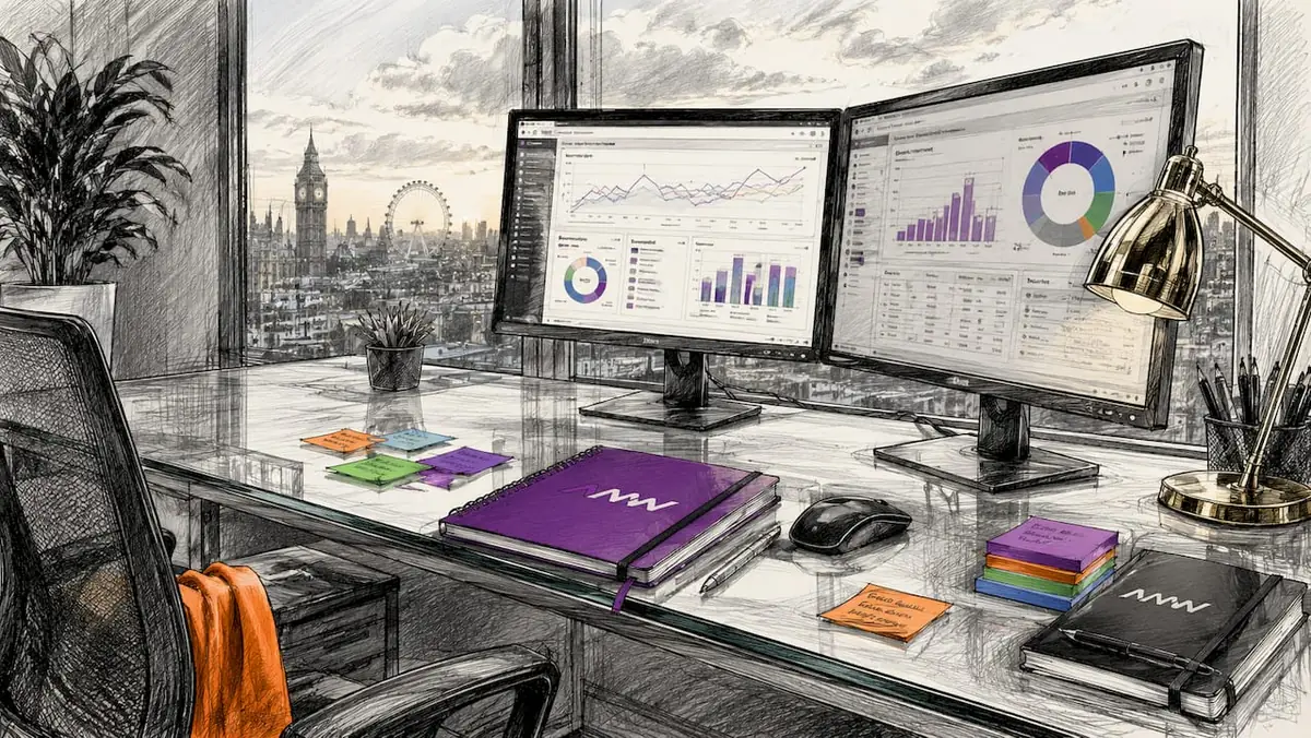 Modern marketing analytics workspace with screens and tools
