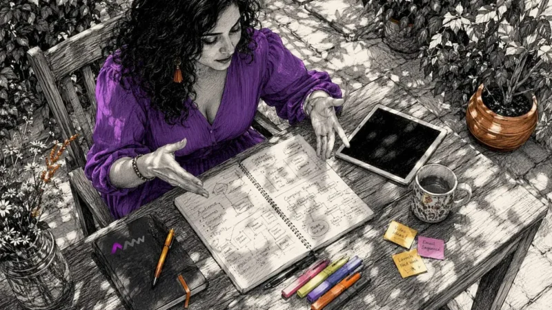 Marketer thinking strategically at home desk