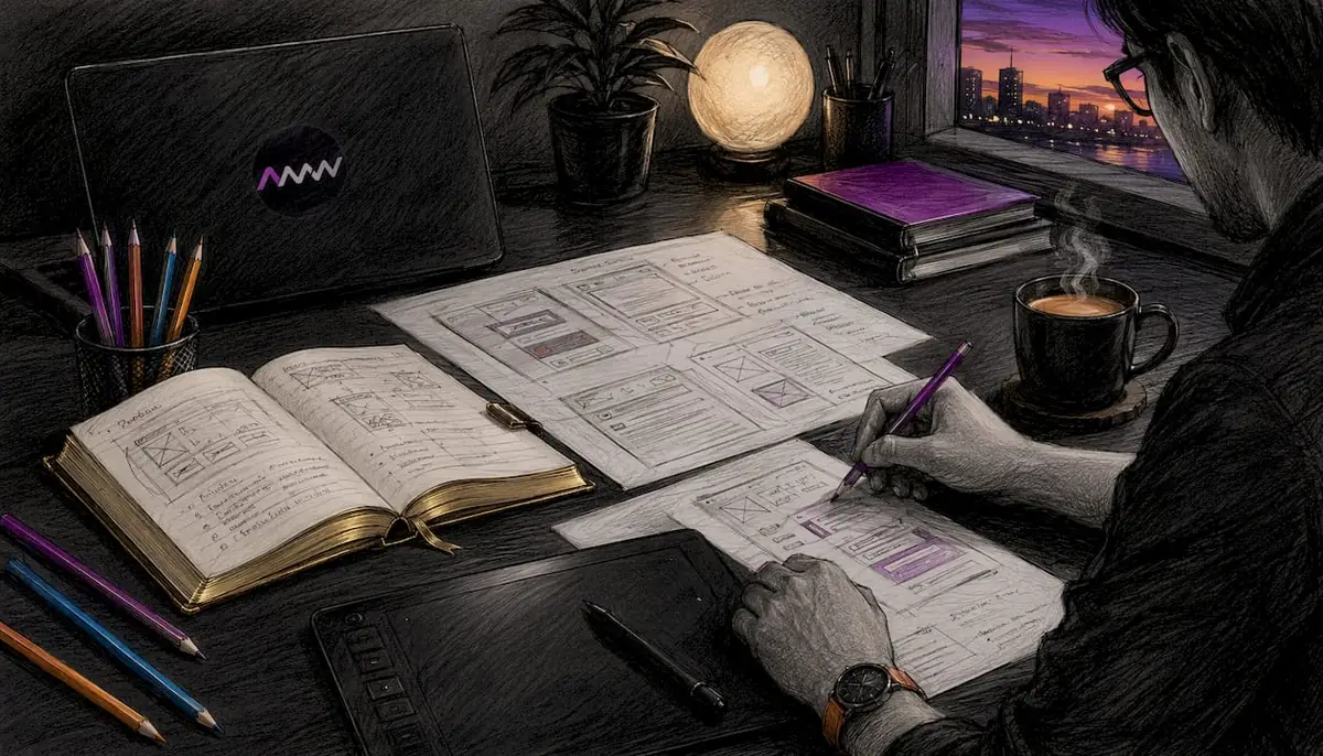 Overhead view of wireframe sketches and creative tools
