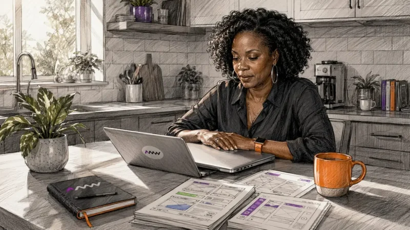 Woman planning web design at home office desk