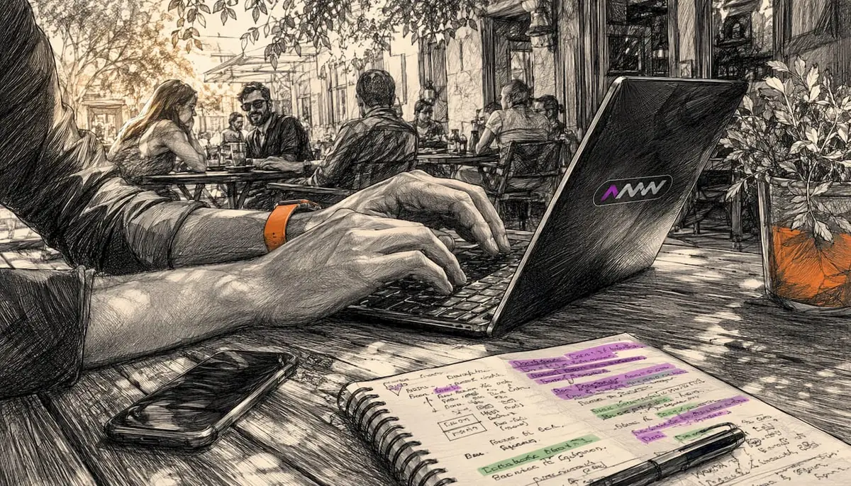 Developer hands typing with devices on desk