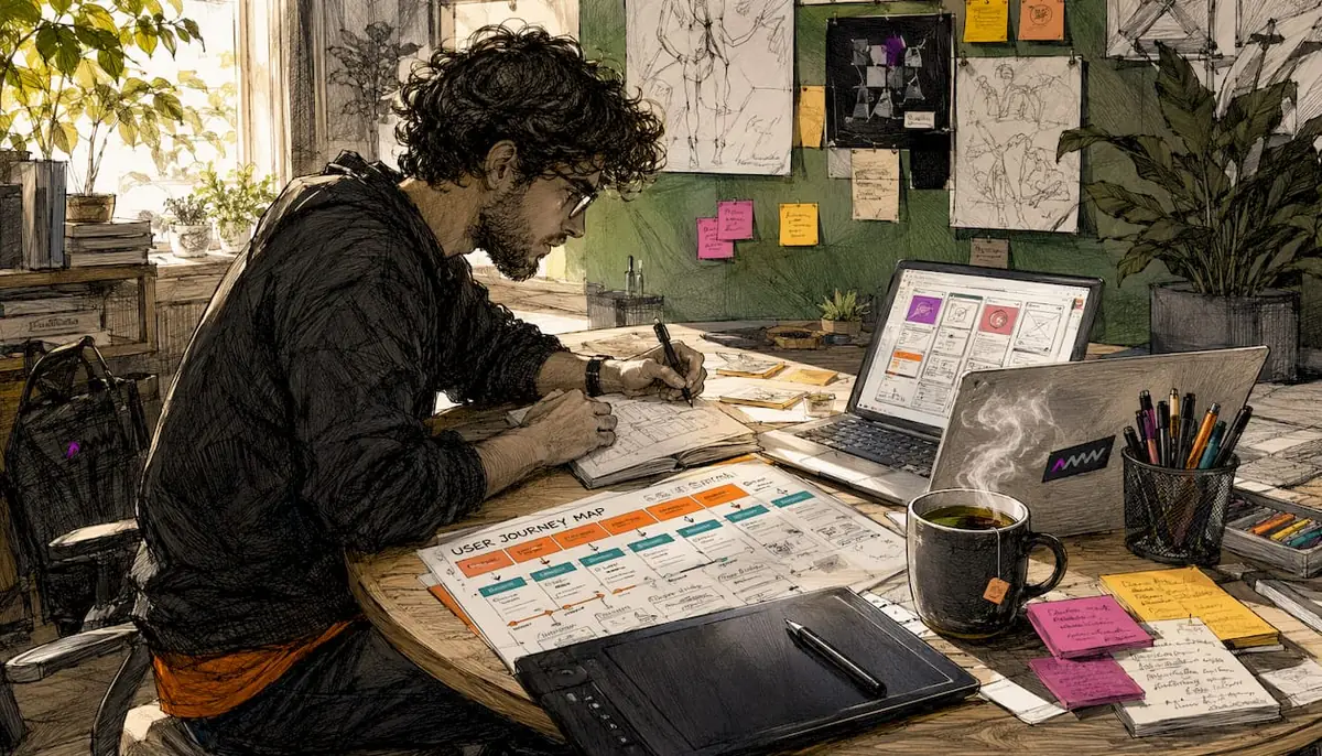 Over-shoulder view of UX design workspace