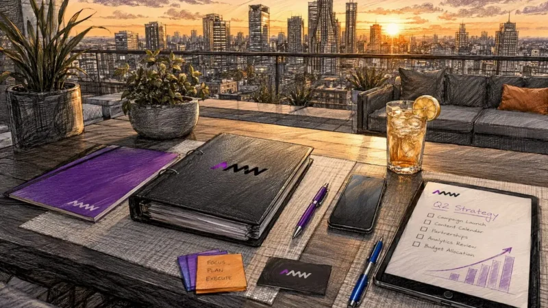 Portfolio binder and devices on table in workspace